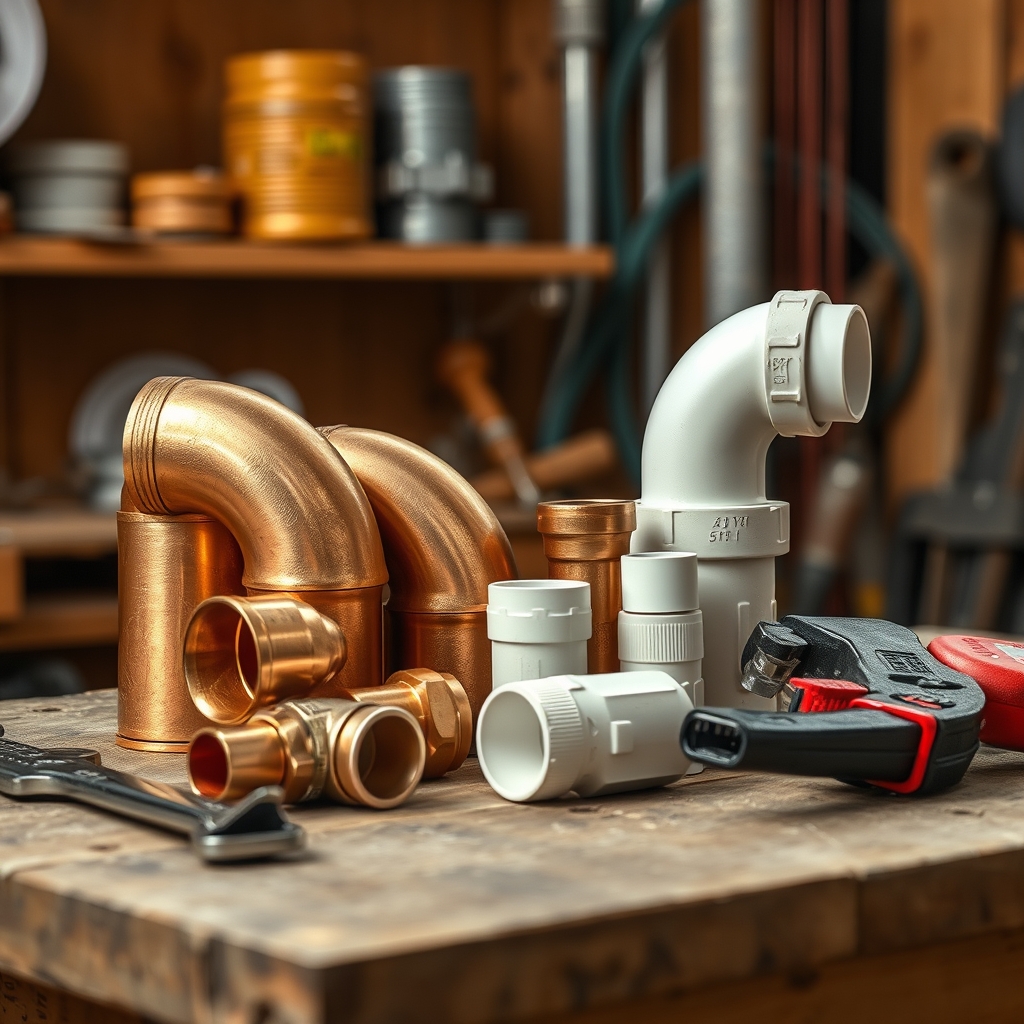 Bakarne spojnice, fitinzi i alat za instalacije na radnom stolu